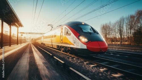 A sleek high-speed train speeding along a track with reflections of sunlight on its smooth surface, set against a clear blue sky and a scenic backdrop