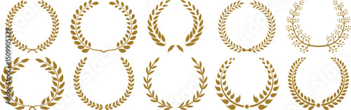 Golden Laurel Wreath Circular  Vector Design Set.