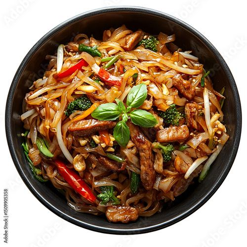 Top view of a delicious looking Pad Prik on a dark bowl isolated on a white transparent background