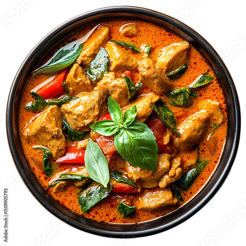 Top view of a delicious looking Red Curry on a dark ceramic bowl isolated on a white transparent background