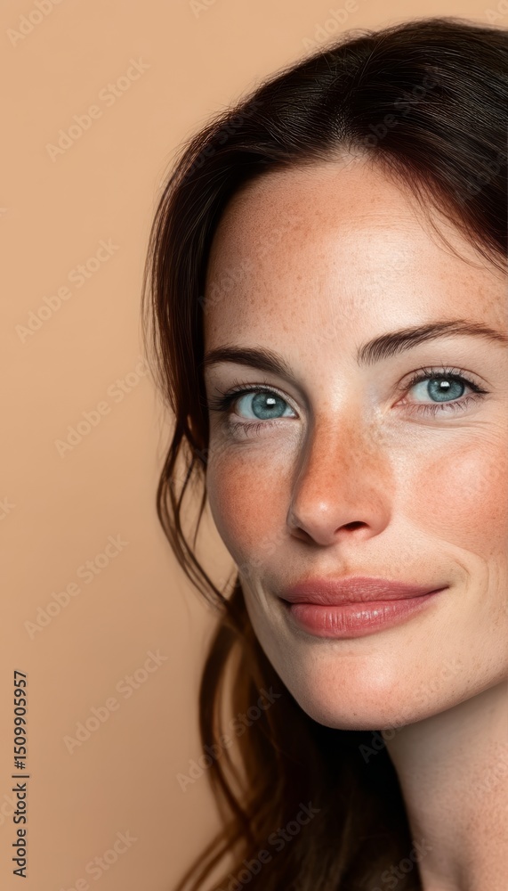 Close-up Beauty Portrait of an Attractive Woman with Natural, Smooth Skin, Beige Background Close-up Beauty Portrait of an Attractive Woman with Natural, Smooth Skin, Beige Background