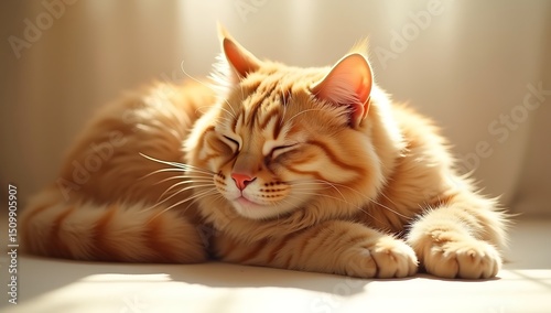 Fluffy tabby cat basking in golden sunlight, warm beige tones, soft focus, serene atmosphere, detailed fur texture, relaxed posture, minimalist background, cozy ambiance, high-resolution
