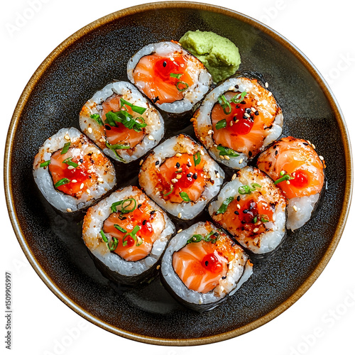 Top view of a delicious looking Suki on a dark ceramic plate isolated on a white transparent background