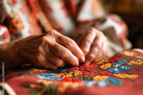 Skilled artisan's hands delicately embroidering colorful floral patterns on fabric, showcasing traditional craftsmanship and attention to detail