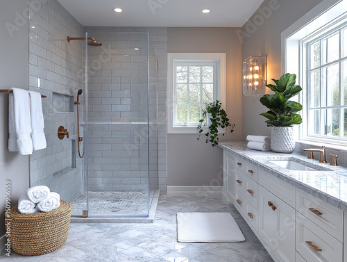 Bright and modern bathroom with glass shower, marble countertops, white cabinetry, and natural light—designed for comfort, cleanliness, and elegance.