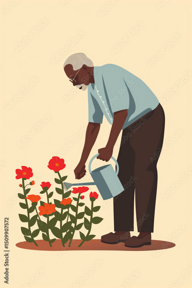 Man in flat illustration watering red flowers on light beige background Man in flat illustration watering red flowers on light beige background