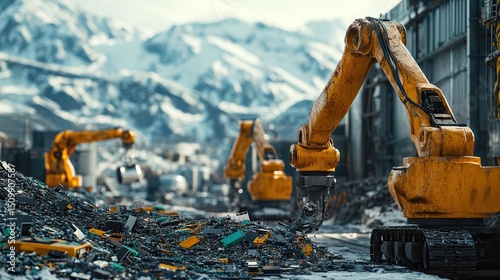 Excavators working through debris a promise of a new beginning amidst the snowy mountains yellow toned with dynamic