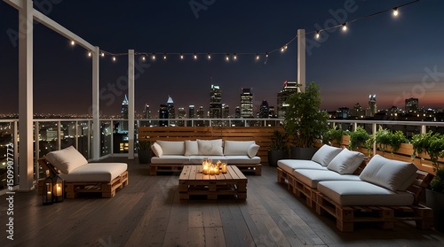 A large rooftop terrace with wooden pallets, white furniture, and fairy lights overlooking the city at night. generative.ai