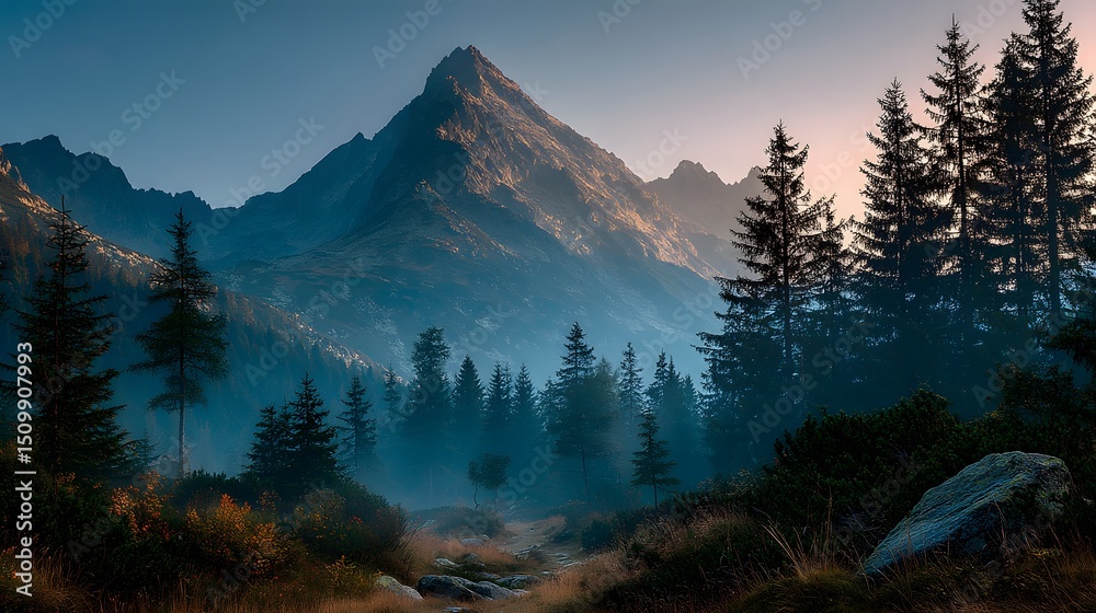 Fototapeta premium Mountain sunrise in calm nature, a moment of peace and serenity