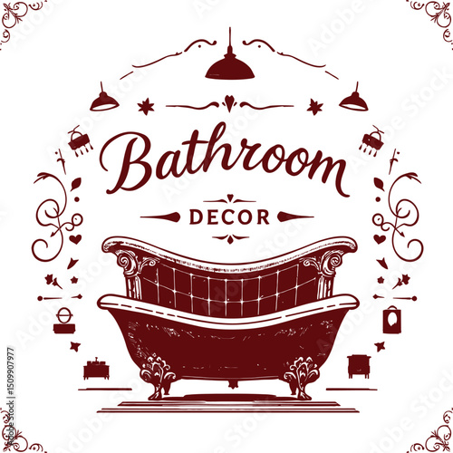 Vintage Bathroom Decor & Elegant Symbol Set Featuring an Ornate Clawfoot Bathtub Surrounded by Decorative Light Fixtures and Small Accents, with the Text \"Bathroom Decor\" in a Classic Font, 