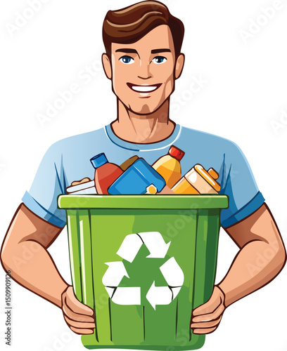 Man Holding Recycling Bin Filled with Sorted Waste – Sustainable Lifestyle