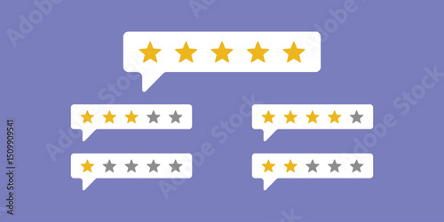 Rating five stars icon with white box, start one to five app rating reviews, product rating reviews best for mobile apps and web design