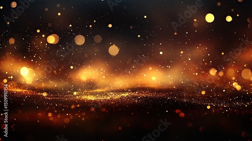 An ethereal dance of golden light shimmering particles swirling in a celestial embrace with bokeh effects on dark hazy