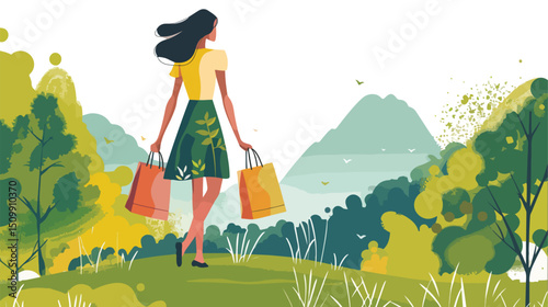 Happy Housewife strolls through lush green landscape, shopping bags in hand, enjoying a peaceful    