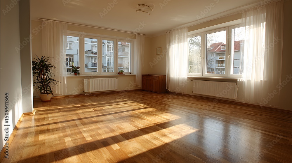 Fototapeta premium Modern living room with wooden floors and neutral walls, showcasing minimalist design and open space.
