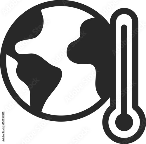 Planet Earth with thermometer symbolizing rising global temperatures and climate change, solid icon vector.