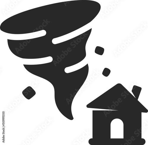 Tornado hitting a house symbolizing extreme weather, destruction, and climate disaster, solid icon vector.