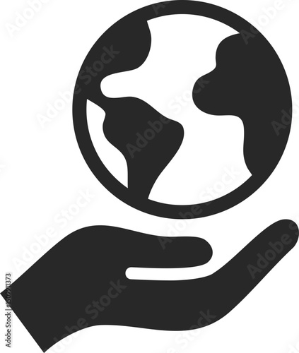 Hand holding planet Earth symbolizing environmental protection, sustainability, and climate responsibility, solid icon vector.