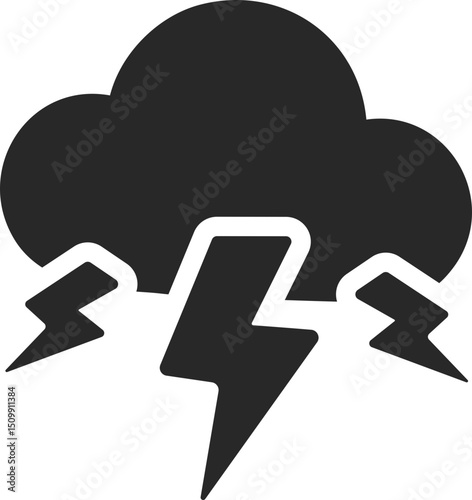 Cloud with lightning bolts symbolizing extreme weather, thunderstorms, solid icon vector.
