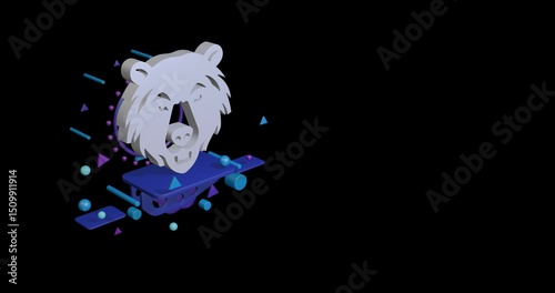 White bear head symbol on a pedestal of abstract geometric shapes floating in the air. Abstract concept art with flying shapes on the left. 3d illustration on black background