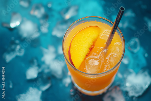 Glass cup with peach smoothie or juice with straw on blue background with ice top view.