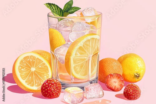 Lemonade with ice cubes and mint on pink background close-up.