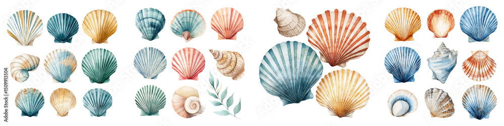 Fototapeta premium Vibrant, detailed seashell illustrations showcasing various shapes, colors, and textures, ideal for coastal themed design projects, beach decor and ocean-inspired artwork.