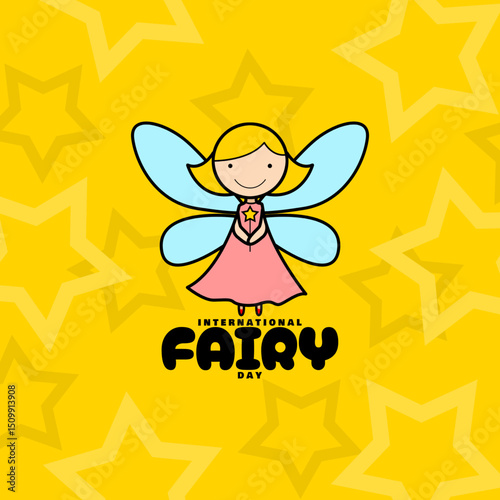 International Fairy Day to celebrate on June 24th. Illustration of a cute fairy floating while holding her magic wand on yellow background.