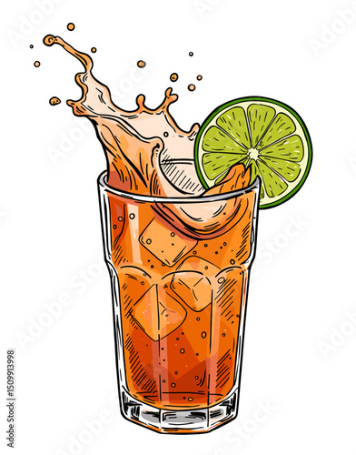 Refreshing cocktail splashing in glass with ice and lime garnish  