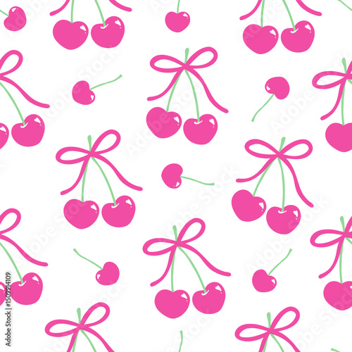 Vibrant seamless cherry pattern featuring playful bows and romantic pastel hues. Perfect for fabric printing, gift wrap, packaging, wallpaper, and digital design projects. Ideal for designers seeking 