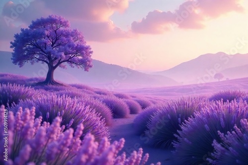 A serene landscape bathed in the soft, calming hues of lavender The gentle light enhances the ethereal beauty of the scene, perfect for relaxation and tranquility themes , lavender field, texture