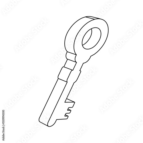 The outline of a large old key symbol is made with black lines. 3D view of the object in perspective. Vector illustration on white background