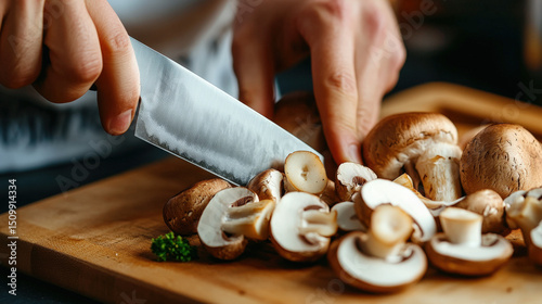 A close-up of a chef knife precisely dicing mushrooms on a cutting board, captured in action photo