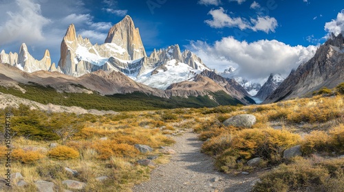 Fototapeta Naklejka Na Ścianę i Meble -  A wide shot of a high-altitude mountain range with sharp peaks and valleys, partially covered in clouds, creating a mystical and dramatic landscape