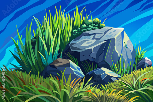 Grass with rock for landscape vector and architecture drawing, elements for garden and environment, botanical painting for section, meadows, moss vector illustration cartoon background