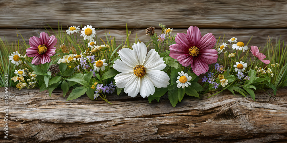 Obraz premium Floral Embrace on Wood: A vibrant tapestry of wildflowers bursts forth, their delicate petals dancing amidst a rustic wooden texture, creating a harmonious fusion of natural beauty and earthly charm.