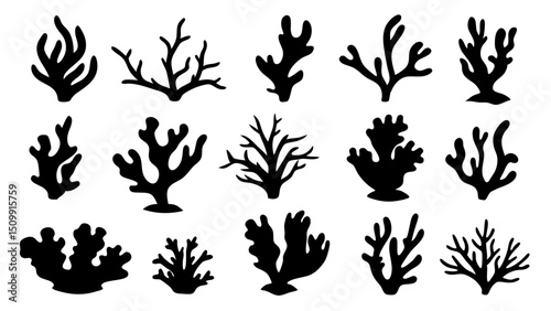 Seaweed silhouettes, coral black icon. Abstract organic shape, underwater plant, matisse element, cute sea doodle.