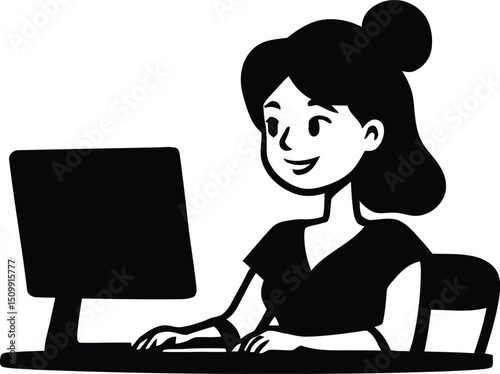 Office Work & Digital Productivity Symbol Set Featuring a Silhouette of a Person Sitting at a Desk Using a Computer, Depicted in Side Profile with Hands on the Keyboard and Hair Tied in a Bun