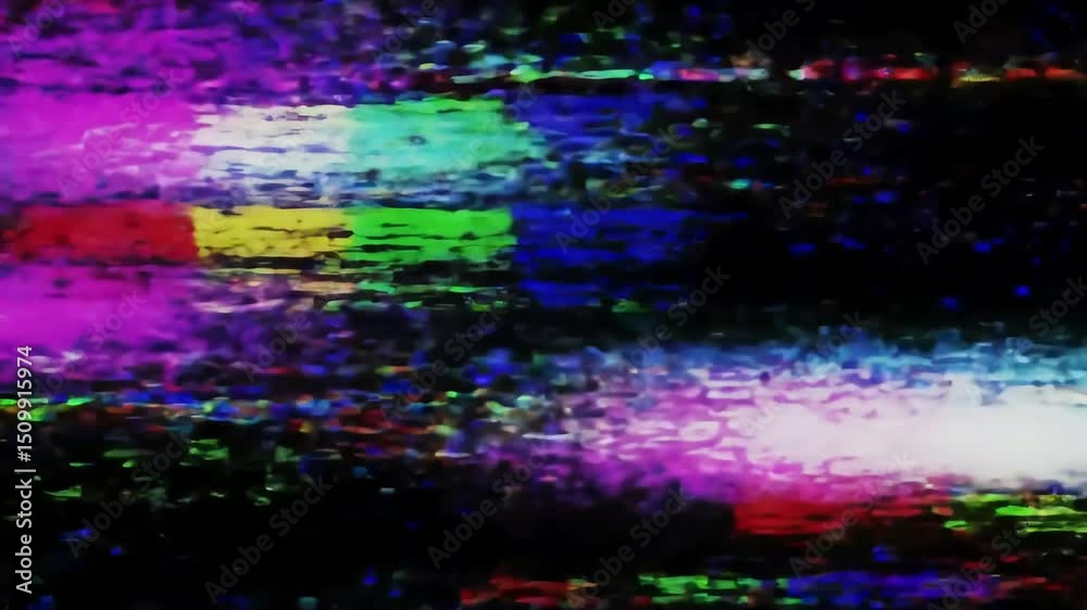 Distorted television screen displaying colorful static, glitch art, and signal interference, creating an abstract pattern.
