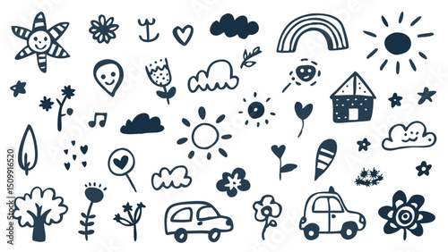 Playful daydreams doodle featuring rainbows hearts flowers and cars floating in night sky in hand drawn dark