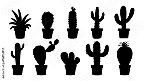 Cactus in pots silhouette