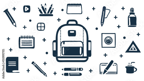 Journey Back to School Backpack among stationery invites adventure learning on a dark background with sketched