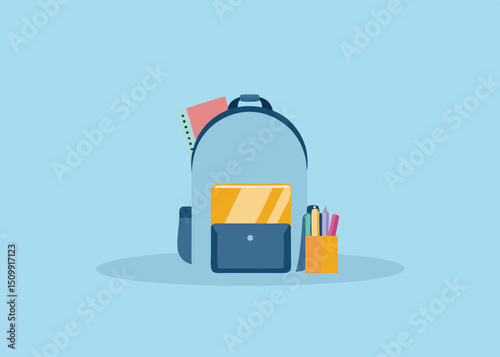 Embracing learning A backpack ready for school filled with notebooks and colorful pens on soft blue background