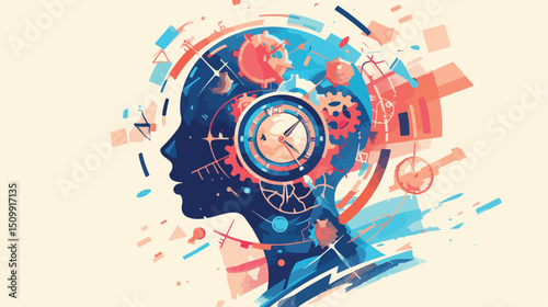 Time Management: Head with Clock Sketch Icon, Vector Illustration, Mind, Brain, Deadline, Hurry,    