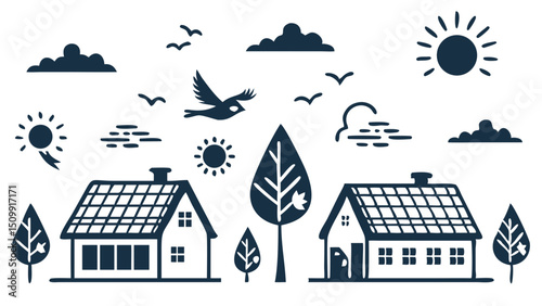 Dreamy village scene with cozy houses under a bright sun birds flying in the sky minimal dark blue line art on