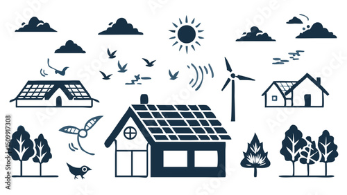Sustainable future Eco friendly living with houses powered by solar panels and a wind turbine in a nature