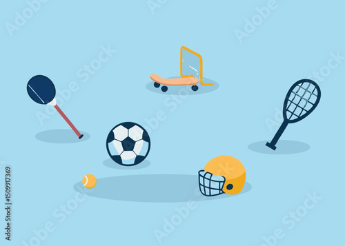 Celebrating the Joy of Sports A Collection of Fun Sports Equipment in an Animated Style on a Light Blue