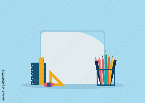 A student s creative space ready for schoolwork and drawing projects with flat vector graphic style on soft