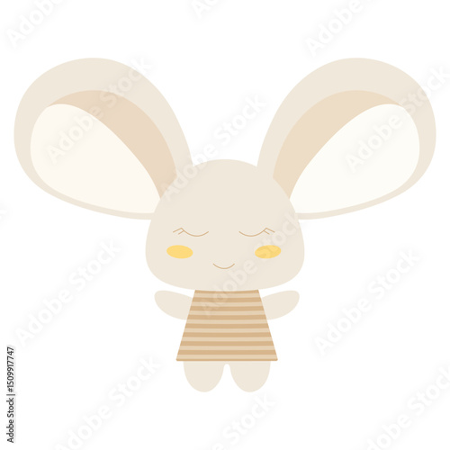 A cute beige rabbit with closed eyes is depicted on a white background. The rabbit has big, soft, beige ears, closed eyes, and is wearing a beige striped dress.
