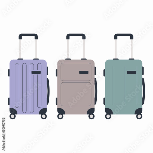 A set of three travel suitcases in different colors. Various types of travel luggage. Family travel suitcases, hand luggage and checked baggage.